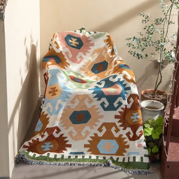 Bohemiškas dekoratyvinis gobelenas Kvadratinis geometrinis raštas Dvipusis kutas Pagrindinis Laisvalaikio sofa Megzta antklodė Kempingo pikniko kilimėlis