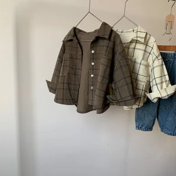 Pavasario ruduo Berniukai ir mergaitės velvetiniai plediniai marškiniai ilgomis rankovėmis 1-6 metų vaikiški vintažiniai laisvalaikio marškiniai Į viršų