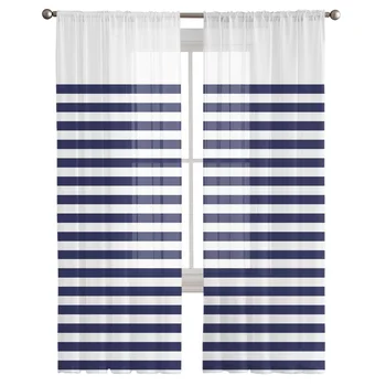 Paprastos mėlynos ir baltos juostelės Vientisa užuolaida svetainei Miegamasis Voile Drape Virtuvės langas Tiulio užuolaidos Namų reikmenys