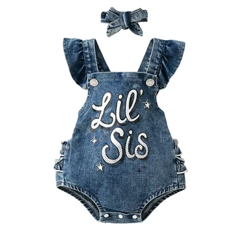 Baby Girl 2Pcs Summer Outfits Fly Sleeve Letter Print Denim Romper with Headband Set Infant Clothes