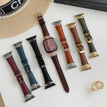 Luxury Gold Metal Real Leather Band for iWatch Series 8 7 6 5 4 3 SE Women Slim Strap For Apple Watch 41mm 40mm 38mm 45 42 44 49