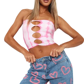 Fashion Women's Tank Tops Hollow Out Tube Tops Strapless Solid Color/Tie-Dye Print Bandeau Crop Tops Streetwear Summer Camis