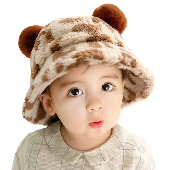 Lovely Toddler Girls Boys Plush Hat Leopard Print Faux Fur Bucket Hat Fuzzy Warm Winter Hat Fisherman Cap, 2 Colors
