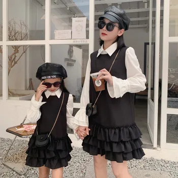 Tėvų ir vaikų apranga Naujas motinos ir moterų juodas tortas Nėrinių suknelių komplektas Mamytės ir dukros derantys drabužiai Kūdikių mergaičių drabužiai