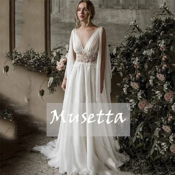 Musetta V-Neck A-Line nėrinių aplikacijos vestuvinės suknelės be rankovių be nugaros Nuotakos suknelė Iliuzija Grindų ilgis Vestidos De Novia