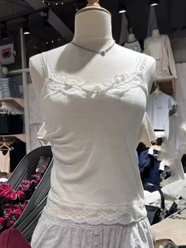 Saldūs nėriniai Patchwork Slim Tank Tops Women Summer White Sexy Simple Cotton Soft Sleeveless Liemenės Moteriškas vintažinis prašmatnus Y2K Camisole