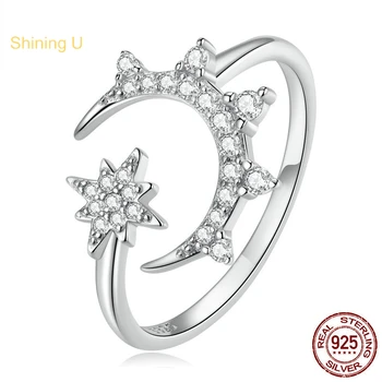 Shining U S925 Silver Moon and Star Open Ring Fo Rwomen Fine Jewelry Gift SUR300