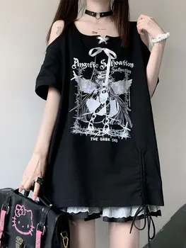 Summer Harajuku Laiškas Atspausdinti nuo pečių Moteriški marškinėliai Mada Laisvalaikio tvarstis trumpomis rankovėmis Gotikos trikotažas 2023 m. Ponios estetinės viršūnės