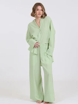 Marthaqiqi Laisvas žalias moteriškas miego kostiumas ilgomis rankovėmis naktiniai drabužiai Seksualūs atverčiama apykakle Naktiniai marškiniai Kelnės Namų drabužiai Moterims