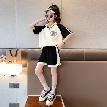 Girls Summer Clothes Short Suit Junior High School Children Korean Fashion Lapel marškinėliai Sportiniai šortai 2 komplektai 2023