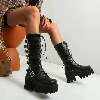 QPLYXCO Stilingi punk moters žieminių batų platforma Stambūs aukštakulniai Gotikiniai vidutinio blauzdos moteriški batai su sagtimi Didelis dydis 44