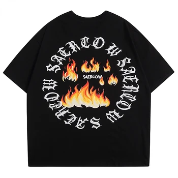 Summer Men Oversized Tshirts Hip Hop Fire Flame Graphic Letter T Shirts Gothic 2024 Streetwear Harajuku Casual Cotton Tops Tees