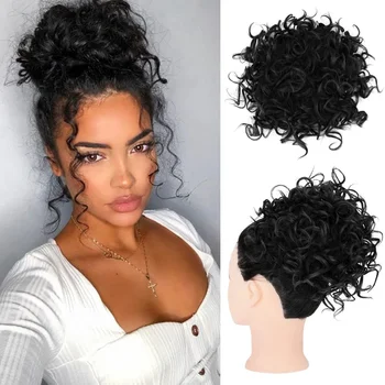 Short Messy Curly Drawly Hair Bun Extensions 10 Inch Loose Wave Buns Chignon for Women Natural Synthetic Fake Tail Hairpiece