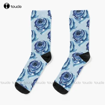 Mėlyna rožė Akvarelės kojinės Vintažinis gėlių raštas Gatvės riedlentės kojinės 360° skaitmeninis spausdinimas Kalėdų Naujųjų metų dovana Individualizuota dovana