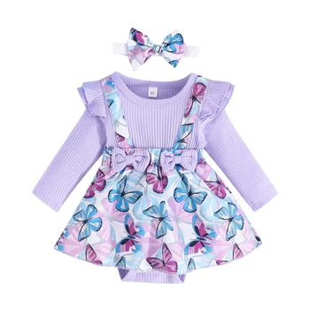 Baby Girls Matching Set Long Sleeve Rib Rib Romper Butterfly Printed Slip Dresses Clothes Infant Toddler Spring Fall 3Pcs Suit 0-18M