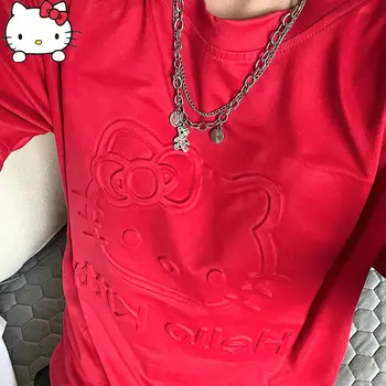 Hello Kitty marškinėliai trumpomis rankovėmis Moterys Studentės Mielos laisvos laisvalaikio apvaliu kaklu Merginos trumpomis rankovėmis Merginos Oversized marškinėliai Raudoni drabužiai