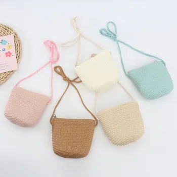 Vaikai Mergaitės Pečių krepšys Creative Pure Color Straw Messenger Bag Kids Monetų piniginė Miela princesė Mini rankinė Pirkinių krepšys