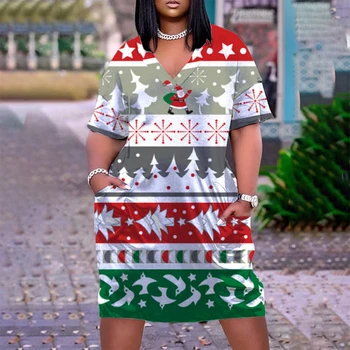 Laisvas prigludęs kalėdinis elementas atspausdinta moteriška suknelė V formos kaklu 2023 m. vasaros naujas kišeninis sijonas patogiems moteriškiems drabužiams