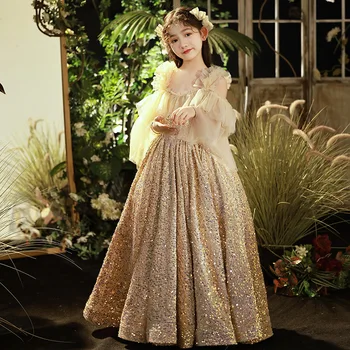 2023 Nauja blizgučiai Prabangi balinė suknelė Gėlių mergina suknelės nuo pečių nėrinių princesė vestuvėms Elegantiška pageant suknelė