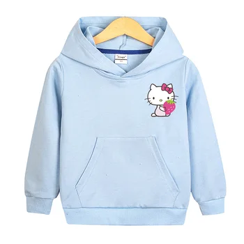 Hello Kitty Girls Pure Cotton Cartoon Print Sweated Hooder Children Cute Casual Comfortable Sports Top Baby Children's Clothing