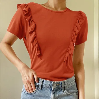 Moteriški marškinėliai Pavasario ir vasaros vientisos spalvos susiliejimas Ruffle Fashion Casual Slim Moteriški marškinėliai trumpomis rankovėmis