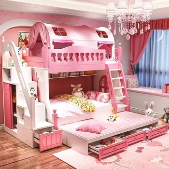 Vaikiška lova, žemaaukštė dviaukštė lova, princesės lova, medžio masyvo motinos vaiko lova, su apsauginiais turėklais viršutiniame ir apatiniame gultuose