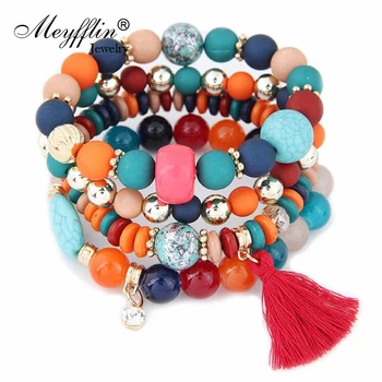 Meyfflin Charm apyrankės moterims 2022 Fashion Resin Beads Elastic Bracelet Boho Jewelry Multilayer Pulseira Masculina