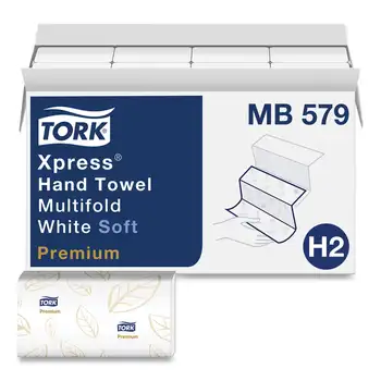Tork Premium Soft Xpress 3-Panel Multifold rankrankšluosčiai, 2 sluoksnių, balti su mėlynais lapais, 135/pakuotės, 16 pakuočių/dėžutės