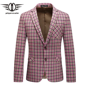 Plyesxale 2023 Rudens rožinis pledas Blazer Aukštos kokybės laisvalaikio švarkas vyrams Stilingas vyrų mados čekis Blazers kostiumo striukė Q927