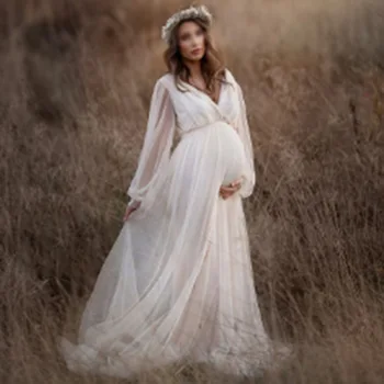 Didelio dydžio balta motinystės fotografijos suknelė Tiulis Ilgos nėštumo suknelės Nėščia moteris Fotografuojantis chalatas Kūdikio dušo chalatas